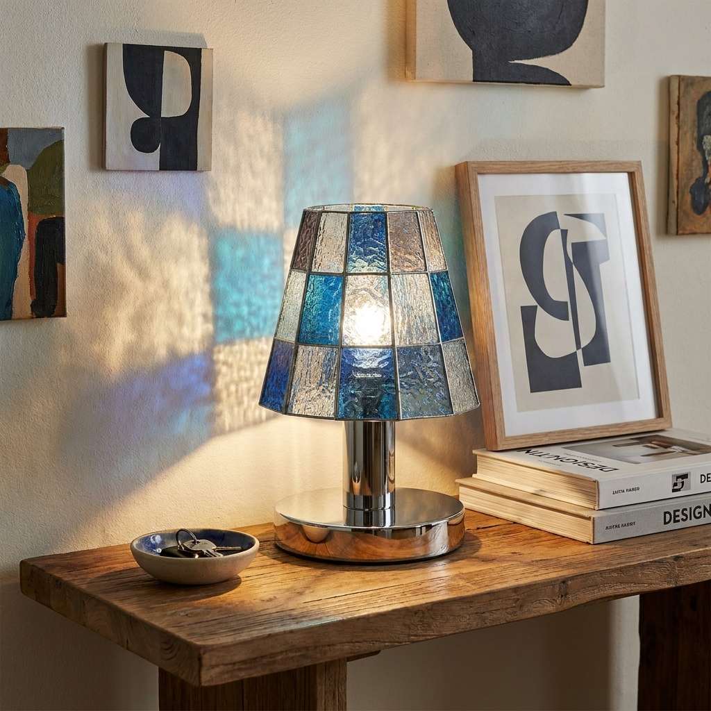 Lampe de table en verre soufflé allumée dans un salon
