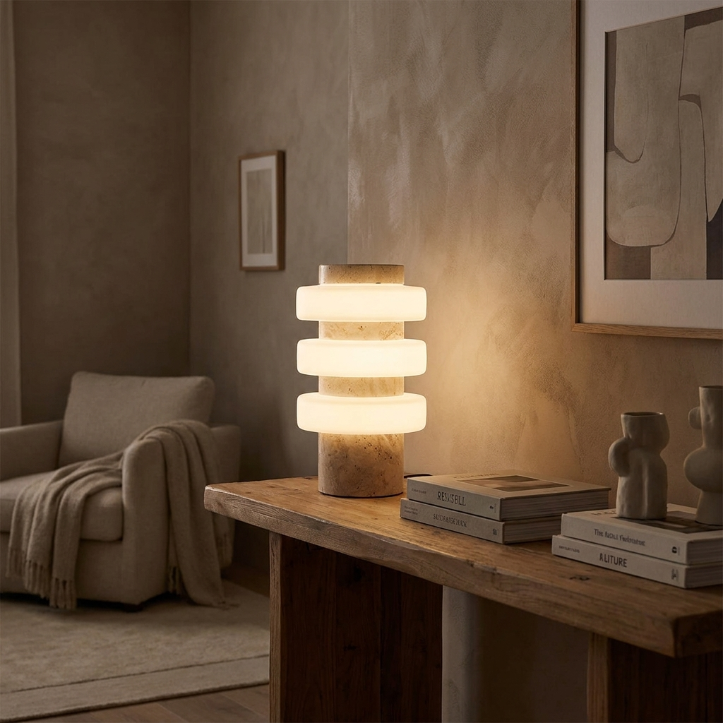 Lampe de table en marbre et travertin sur une console