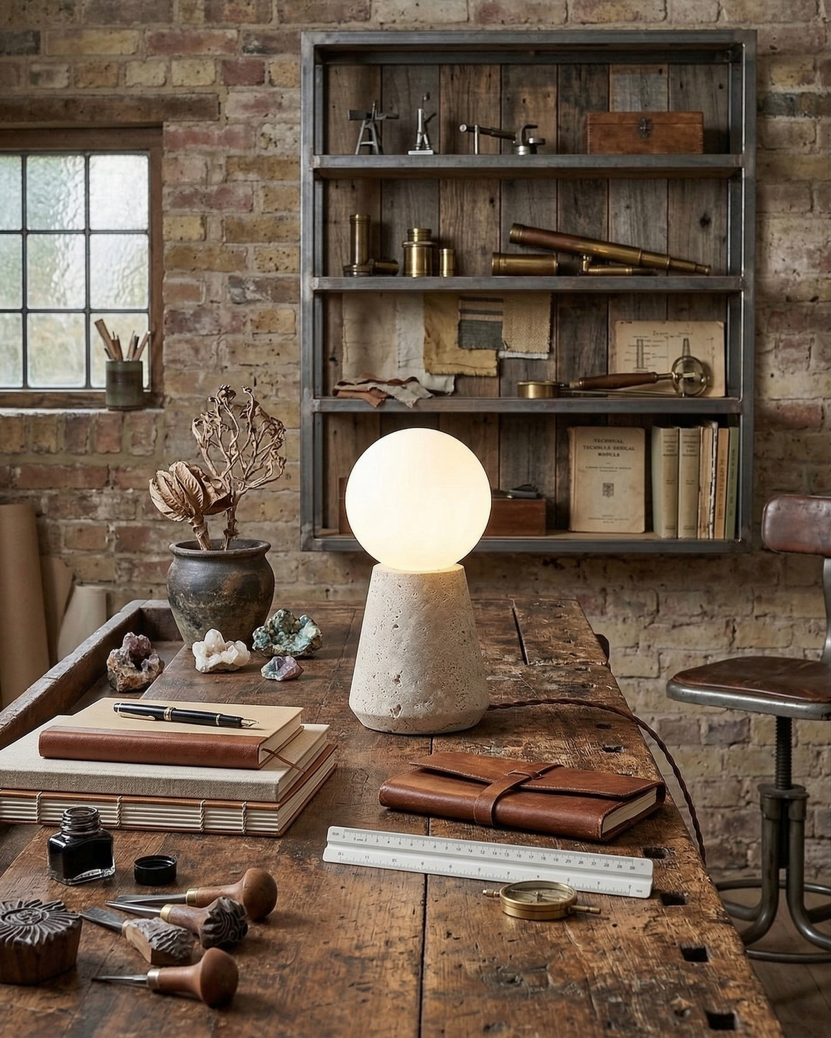 ZIRO — Lampe de Table en Travertin et Verre, Dimmable pour Salon et Bureau