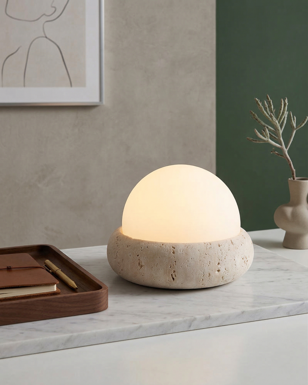 EON — Lampe à Poser en Travertin, Sans Fil Rechargeable