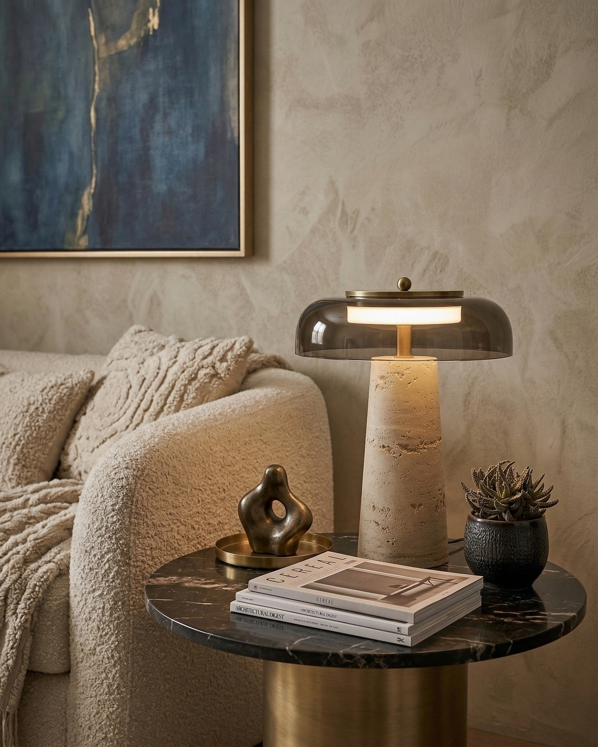 ZOA — Lampe de Table Design Travertin et Verre pour Console et Bureau