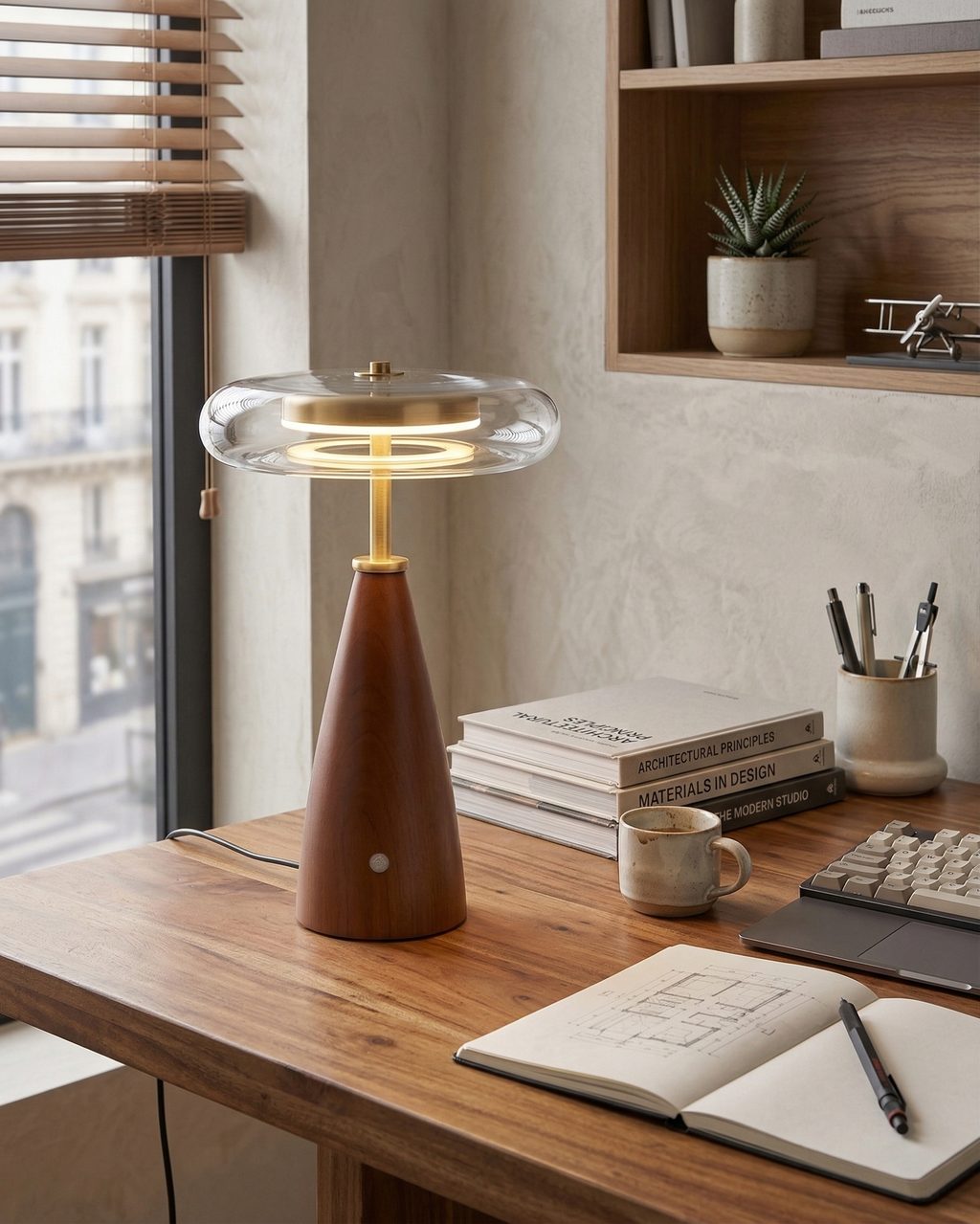 NALU — Lampe de Table en Laiton et Bois pour Salon et Bureau