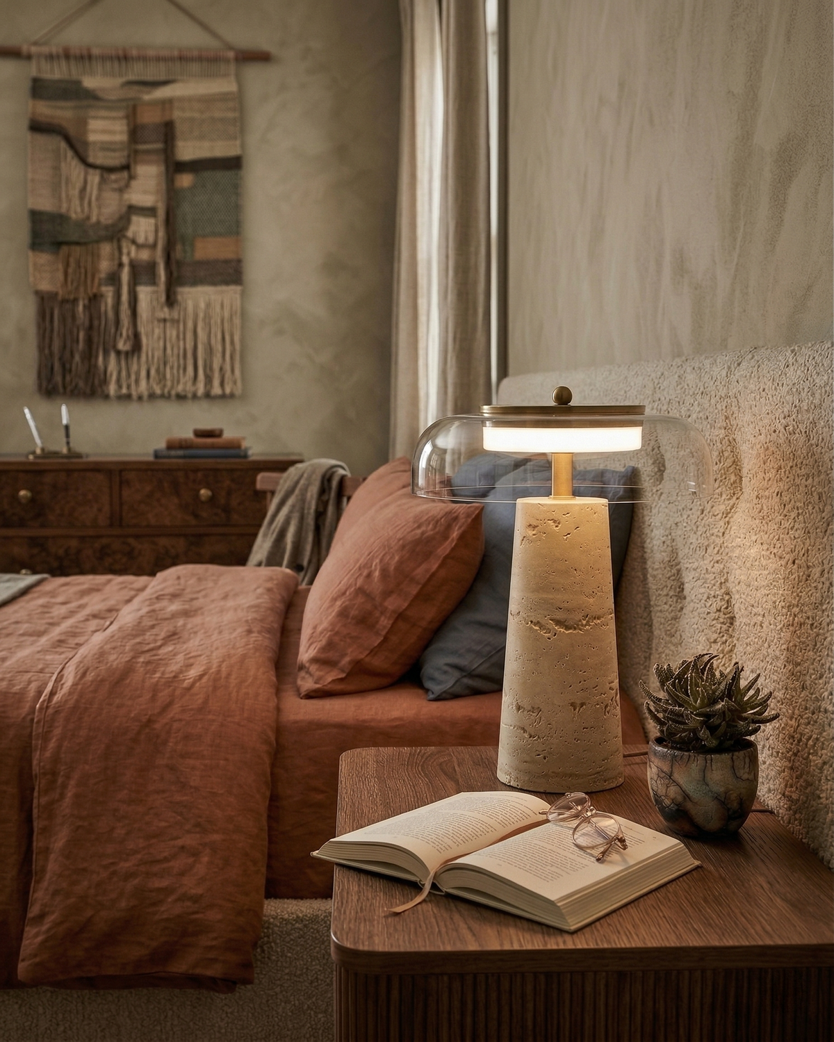 ZOA — Lampe de Table Design Travertin et Verre pour Console et Bureau