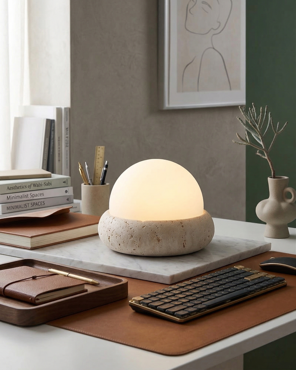 EON — Lampe à Poser en Travertin, Sans Fil Rechargeable