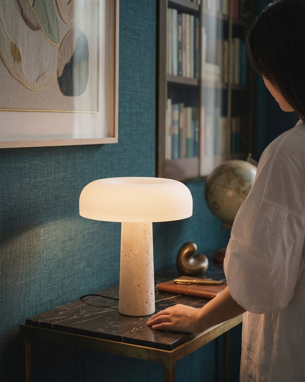 ZENO — Lampe de Table en Travertin et Verre pour Salon et Bureau