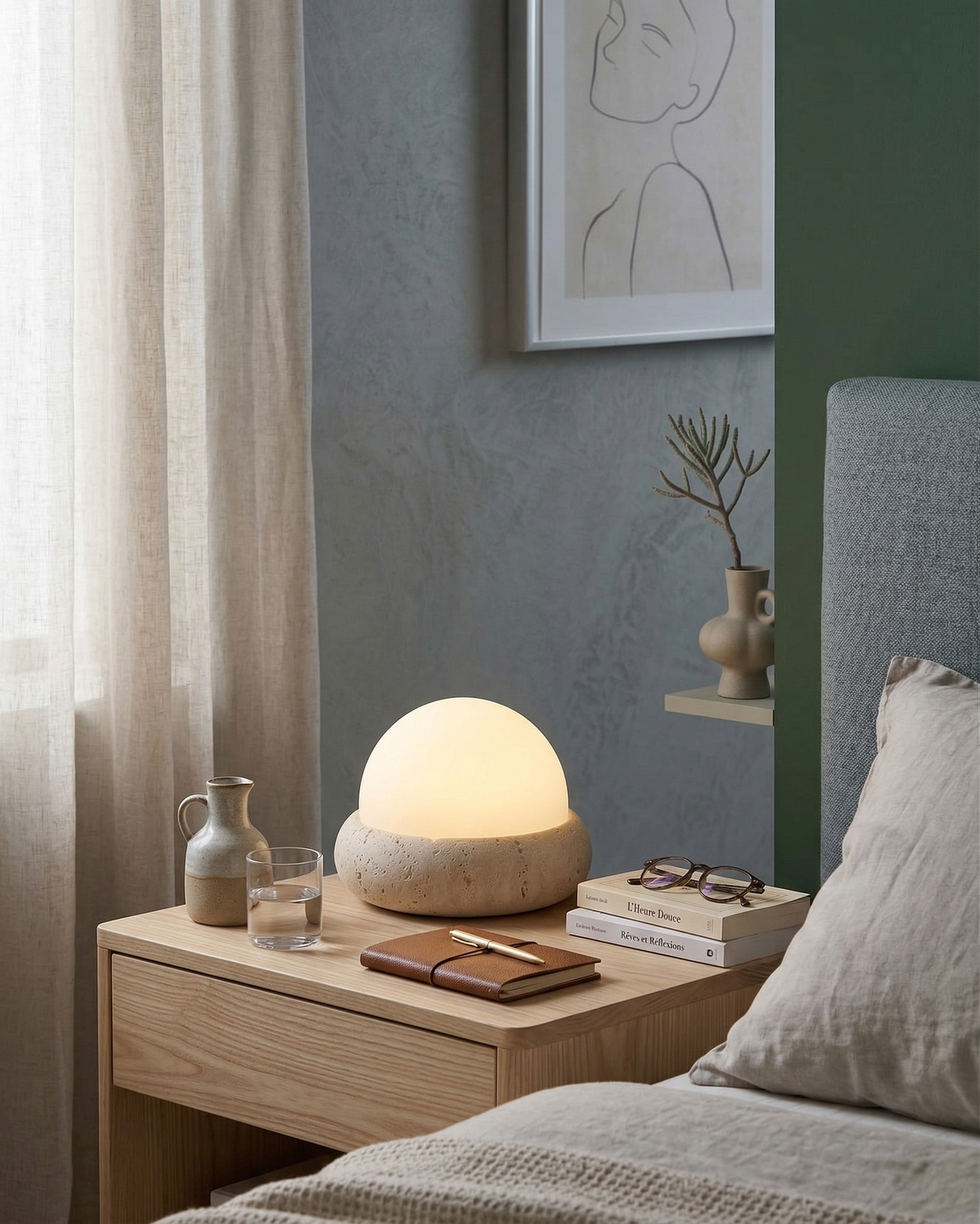 EON — Lampe à Poser en Travertin, Sans Fil Rechargeable