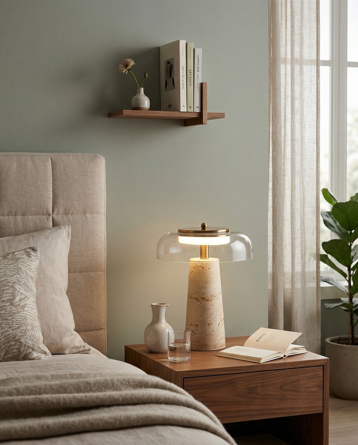 ZOA — Lampe de Table Design Travertin et Verre pour Console et Bureau