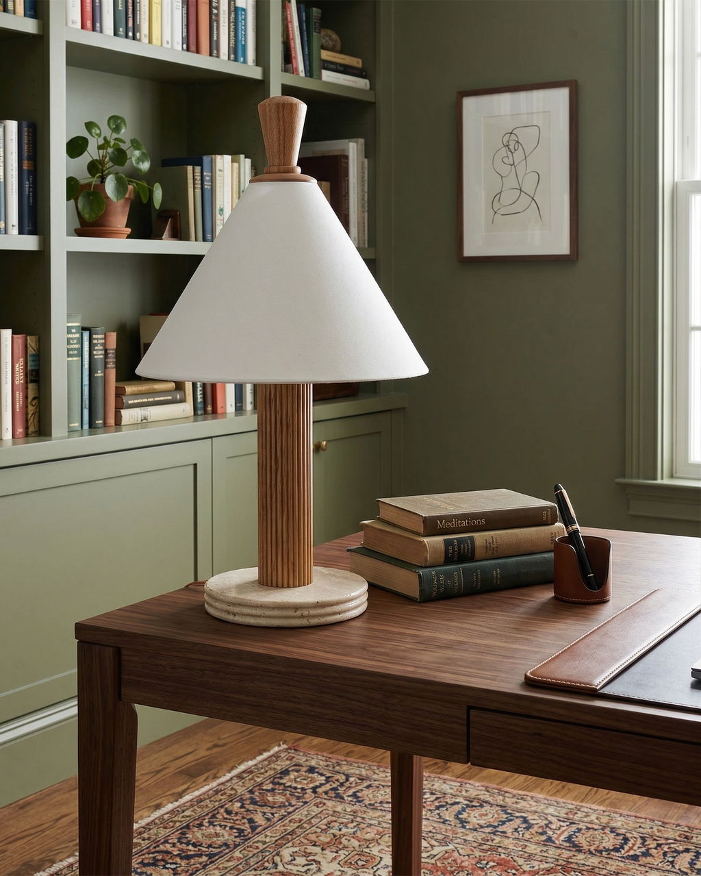 TÉA — Lampe de Table en Travertin et Bois, Dimmable pour Salon et Bureau