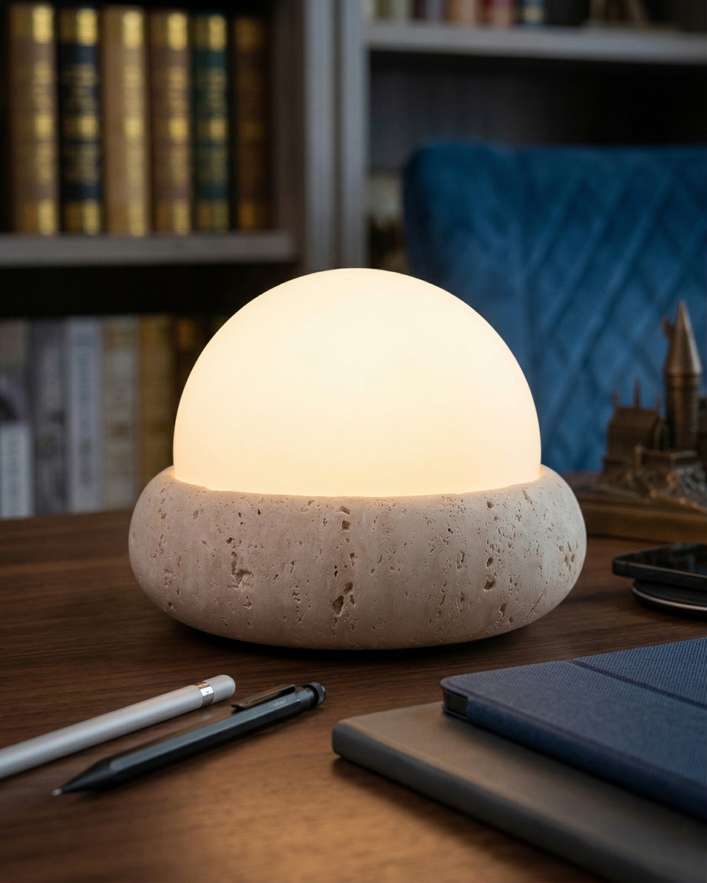 EON — Lampe à Poser en Travertin, Sans Fil Rechargeable