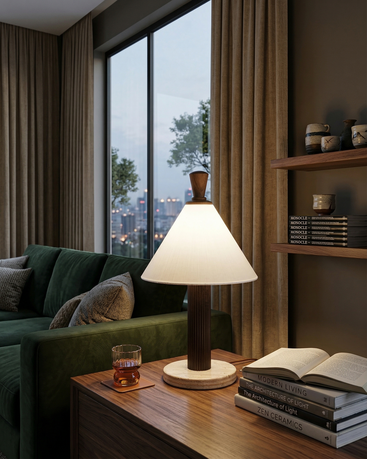 TÉA — Lampe de Table en Travertin et Bois, Dimmable pour Salon et Bureau