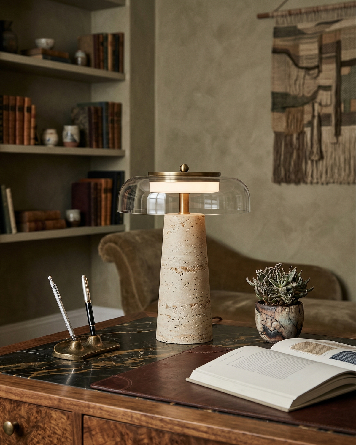 ZOA — Lampe de Table Design Travertin et Verre pour Console et Bureau