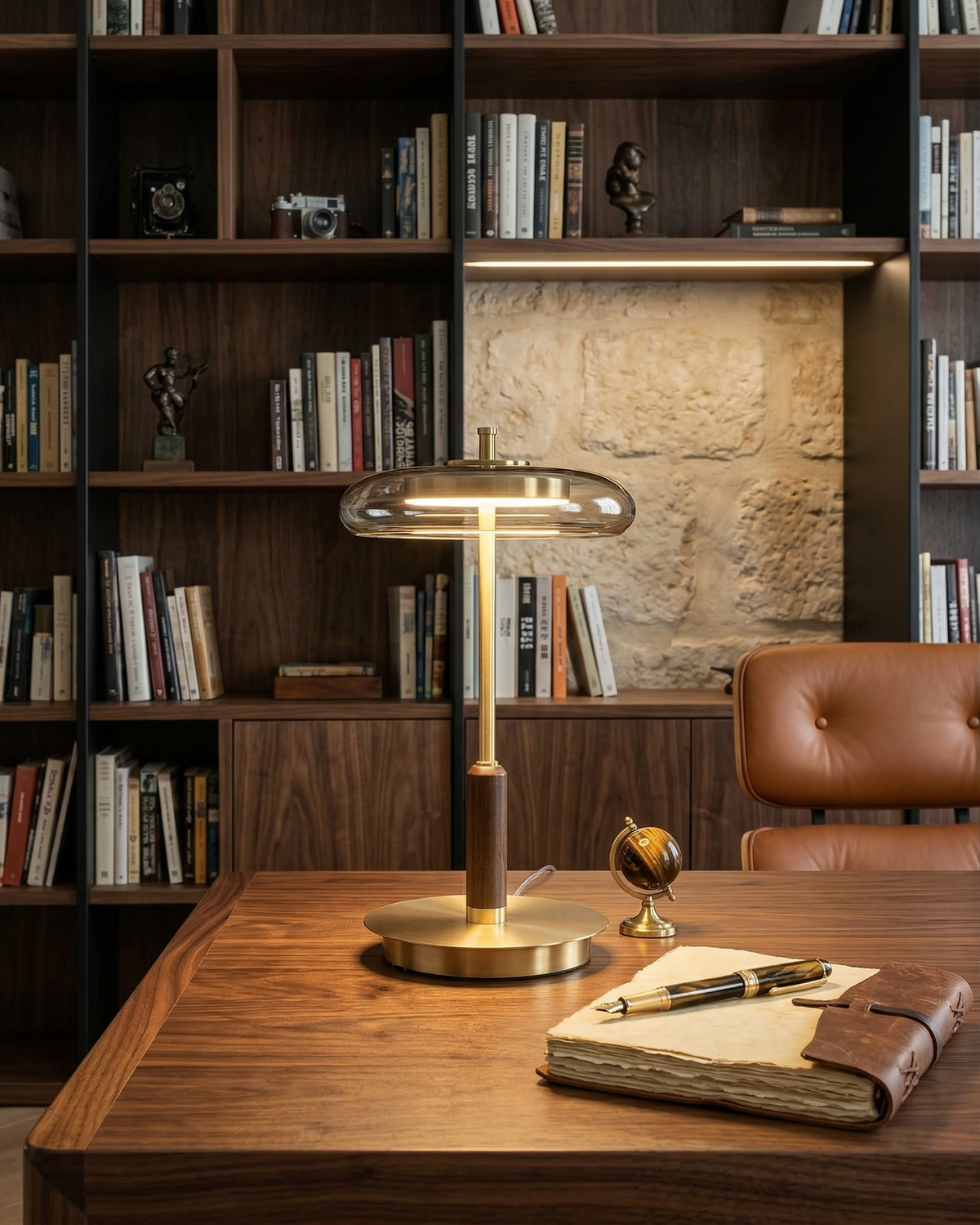TOCRIS — Lampe de Table en Laiton et Bois pour Salon et Bureau
