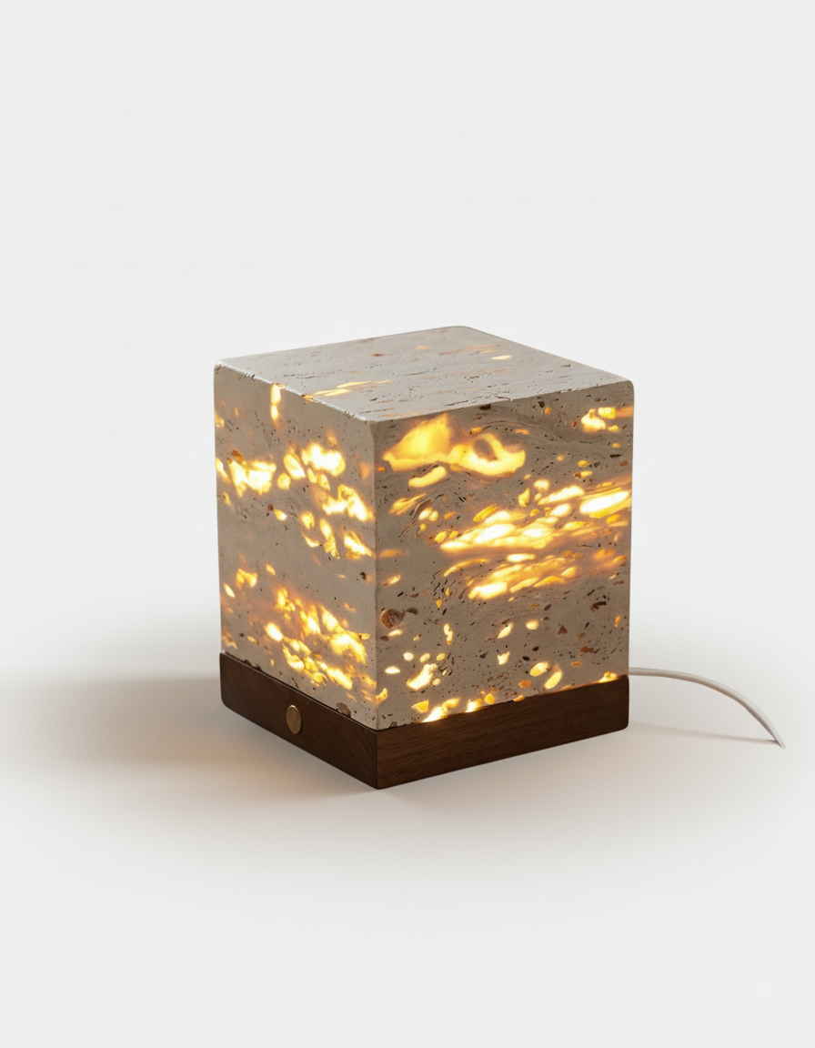 OMA — Lampe de Table en Travertin et Bois pour Salon et Bureau
