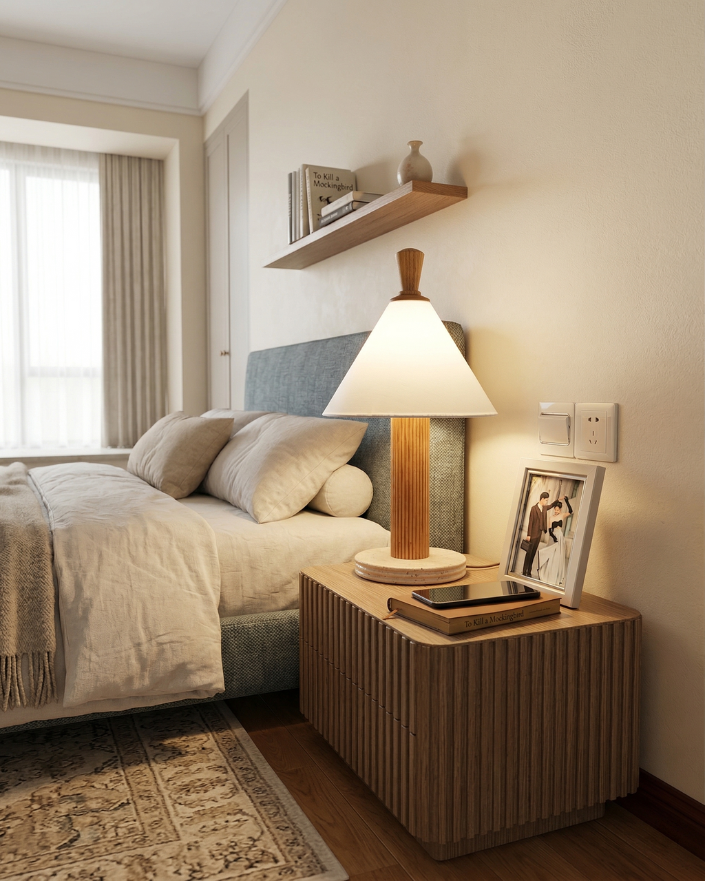 TÉA — Lampe de Table en Travertin et Bois, Dimmable pour Salon et Bureau