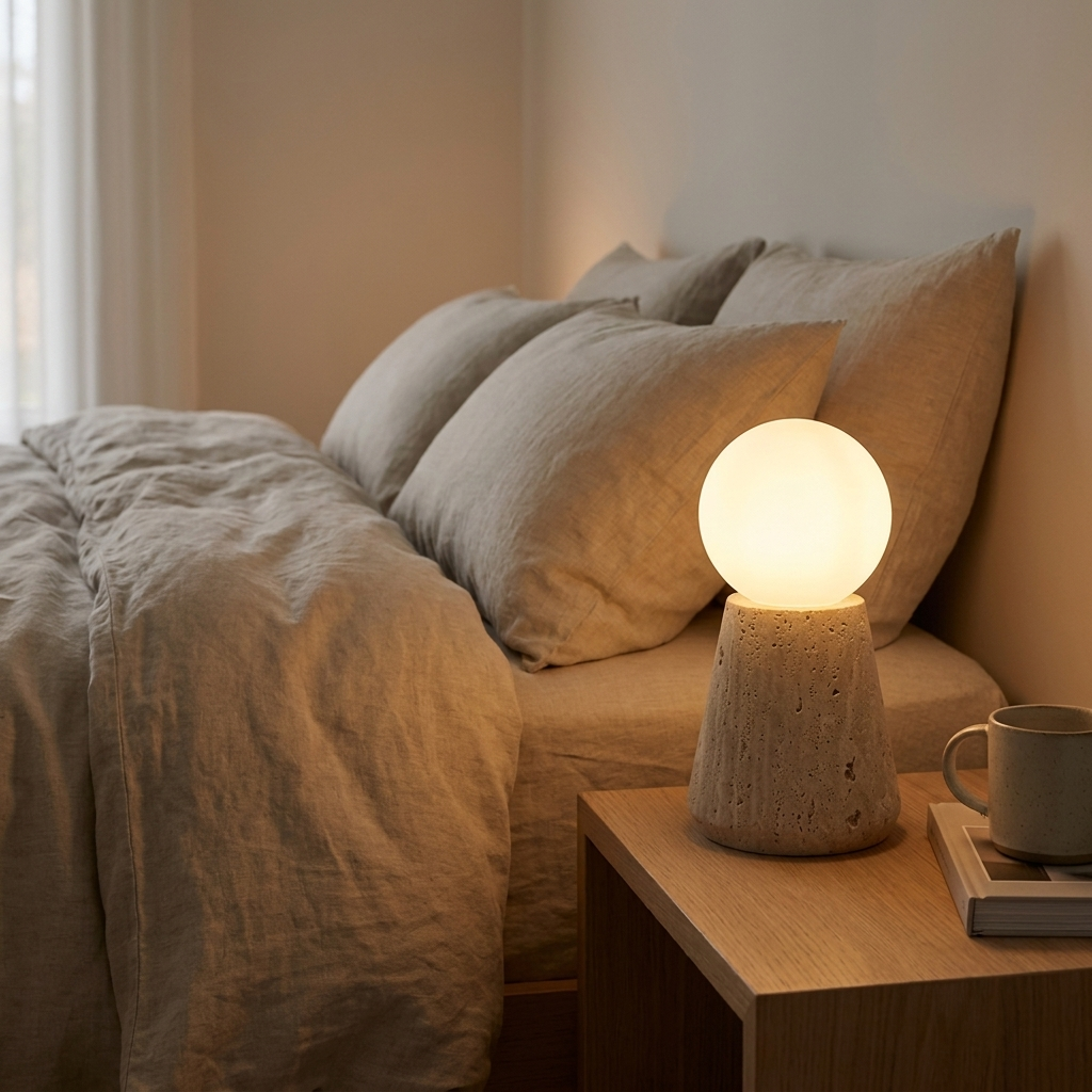 Lampe de table ZIRO à sphère de verre sur socle travertin posée sur une table de chevet