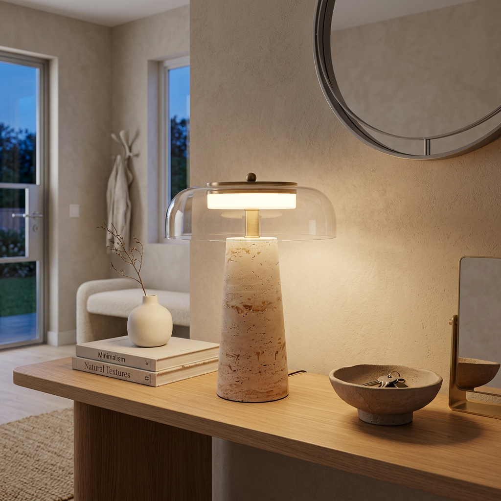 Lampe de table ZOA à base conique en travertin posée sur une console d'entrée