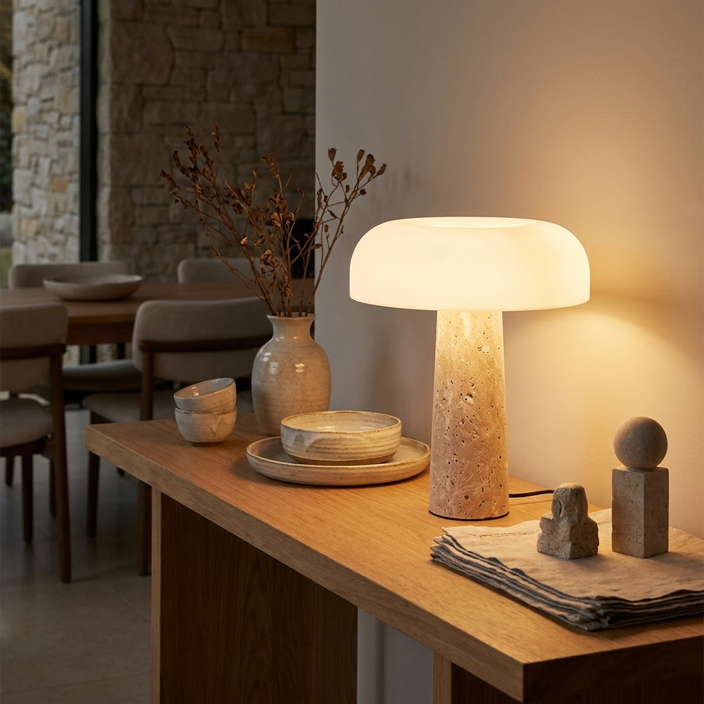 Lampe de table ZENO en travertin surmontée d'un dôme de verre posée sur un meuble de salle à manger
