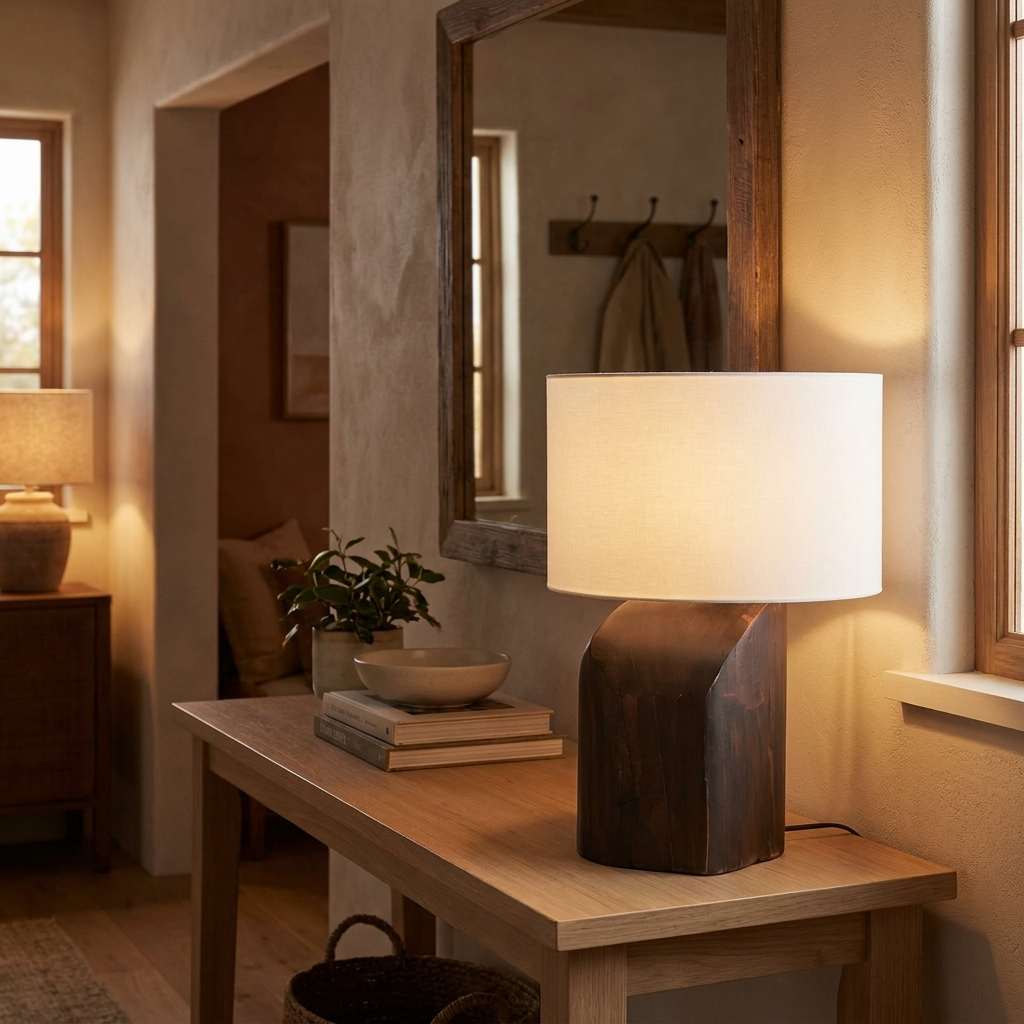 Lampe de table KALLE en bois et abat-jour tissu posée sur une console d'entrée