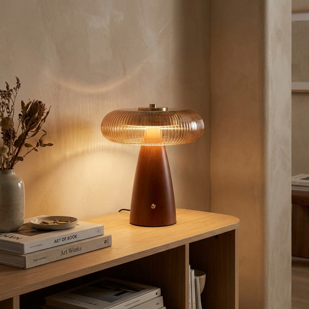 Lampe de table NALU en bois et laiton doré posée sur une console de salon