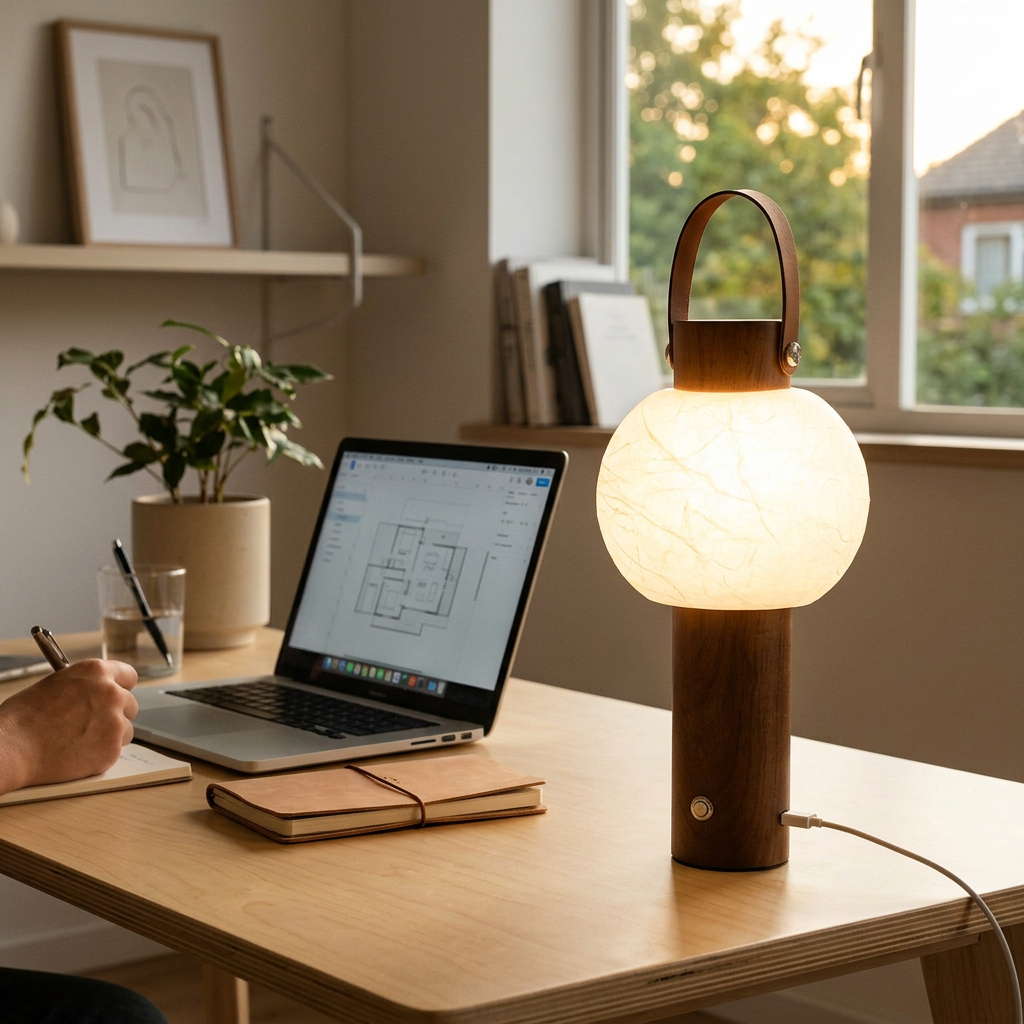 Lampe de table VENA en bois posée sur un bureau, port USB intégré