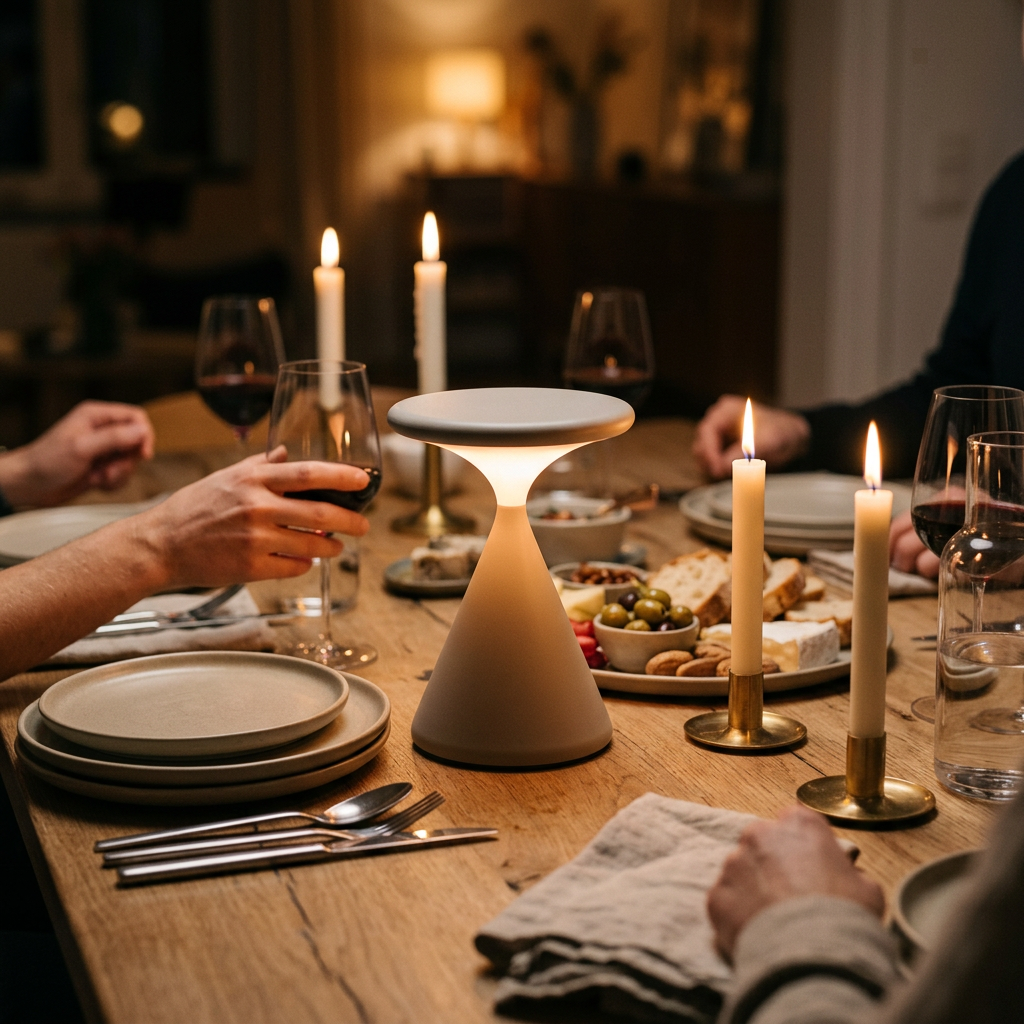 Petite lampe sans fil KONI posée sur une table à dîner