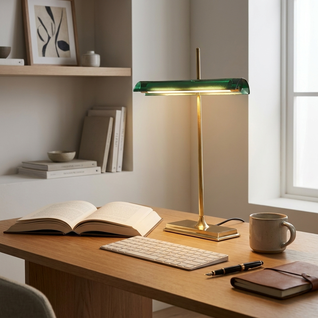 Lampe de bureau MONA sur un plan de travail dans un bureau épuré