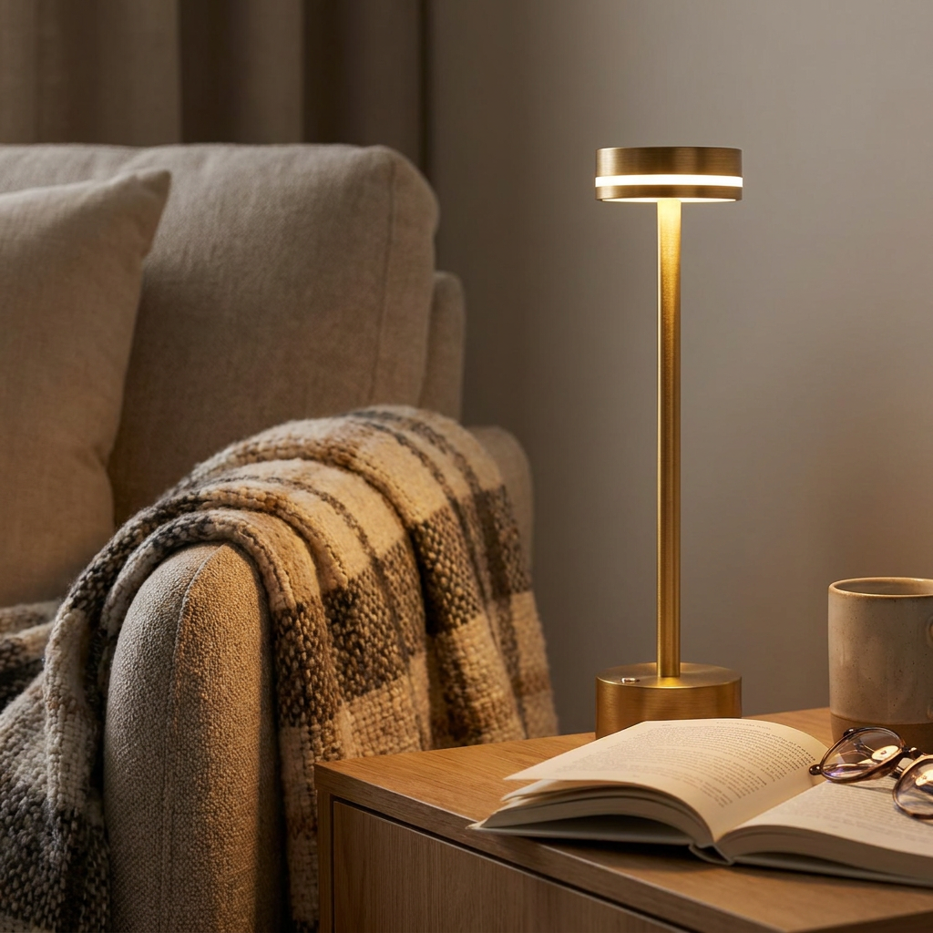 Lampe sans fil LYSA sur une table de chevet dans un coin lecture