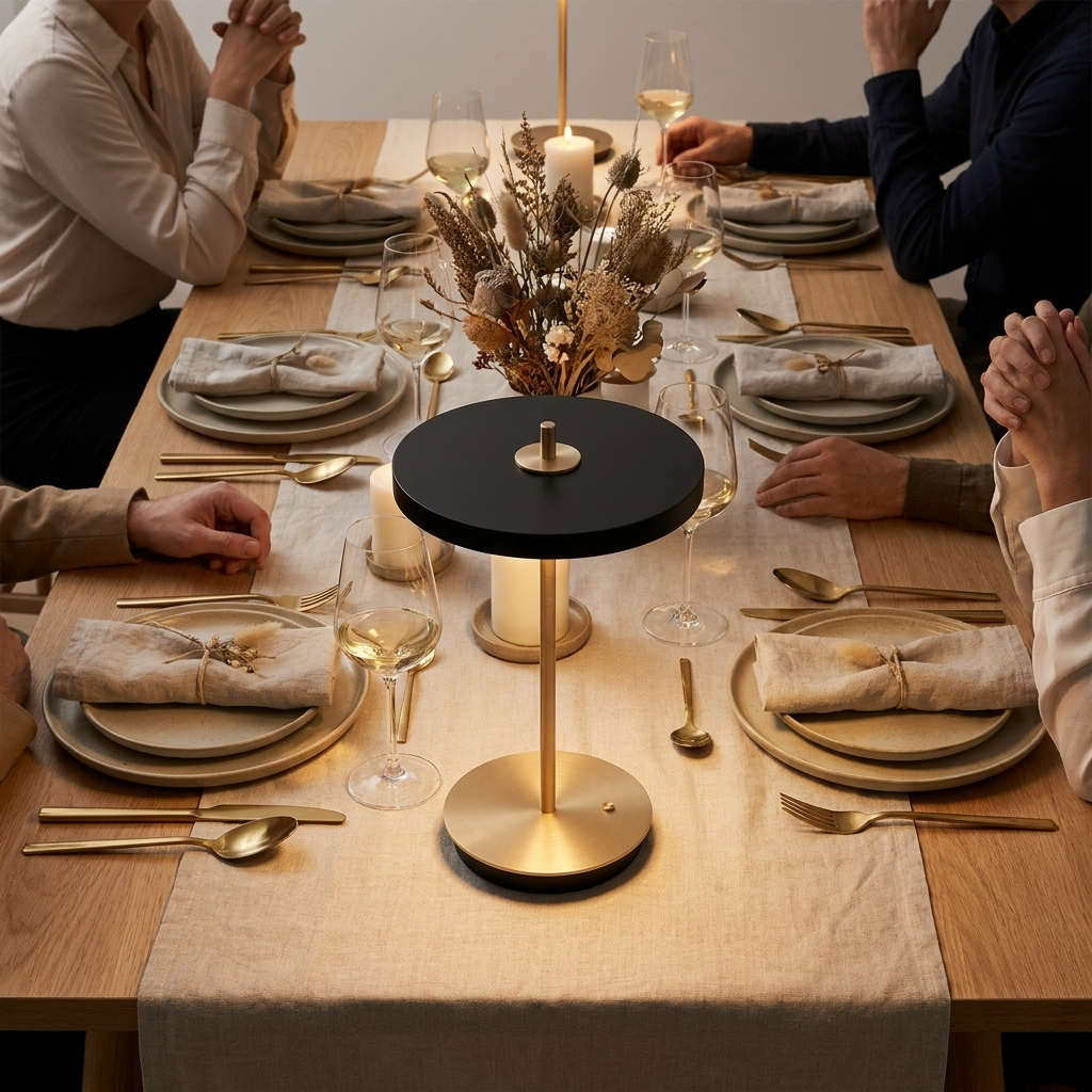 Lampe sans fil SKEN à deux disques au centre d'une table à manger
