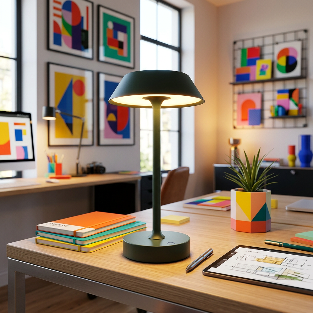 Lampe de table RUVA posée sur une table dans un intérieur, éclairage allumé, ambiance réaliste