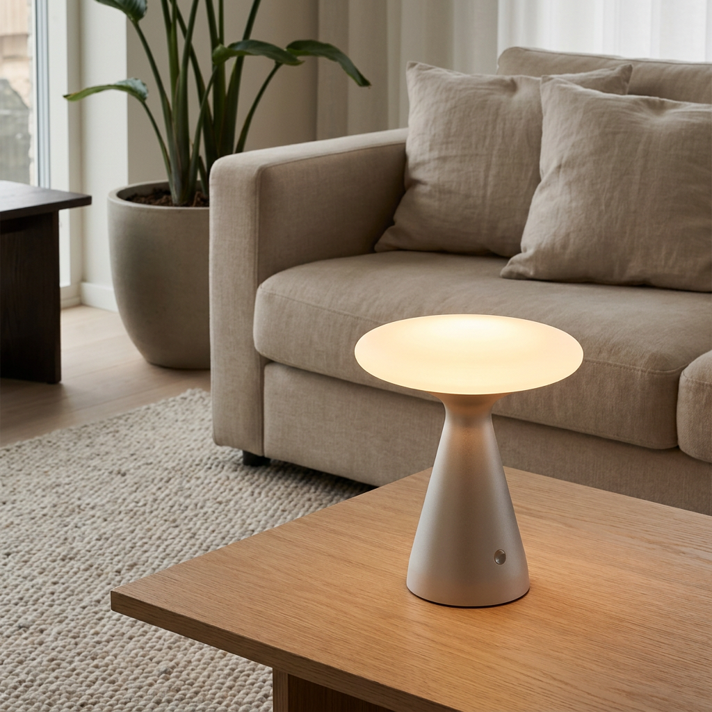 Lampe de table PRISM posée sur un meuble dans un intérieur, éclairage allumé, ambiance chaleureuse