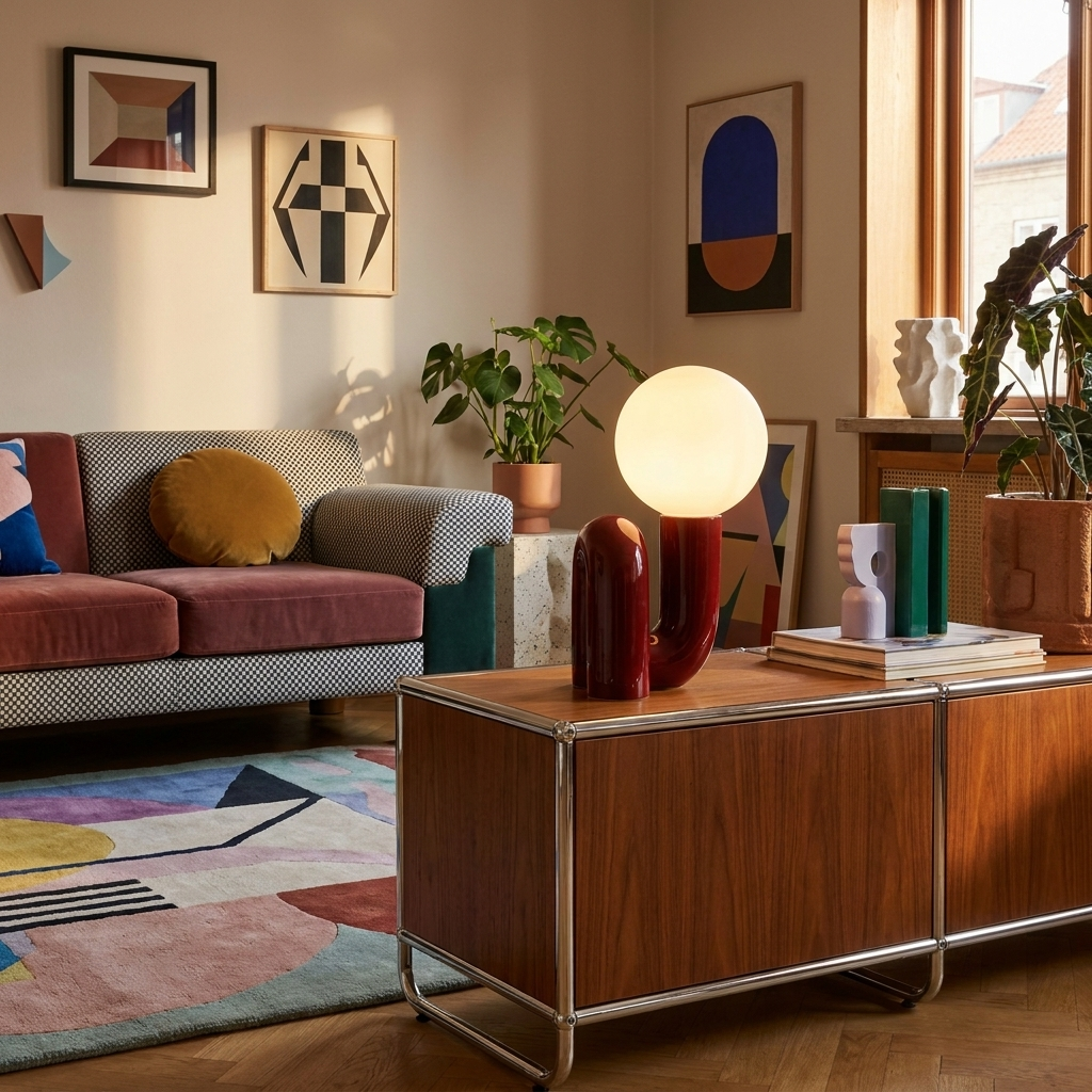 Lampe de bureau ARCA posée sur un bureau dans un intérieur, éclairage allumé, ambiance réaliste