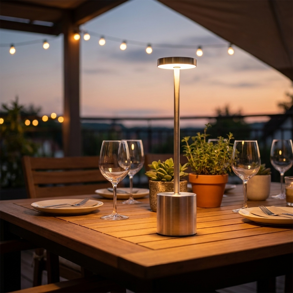 Lampe de table sans fil NOVA en aluminium éclairée sur une table