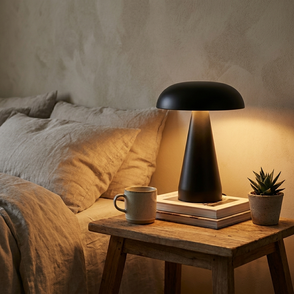Lampe de table sans fil KEMI champignon éclairée sur un buffet
