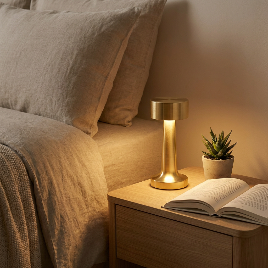 Lampe de table sans fil ELDA en métal doré posée sur une table de chevet allumée