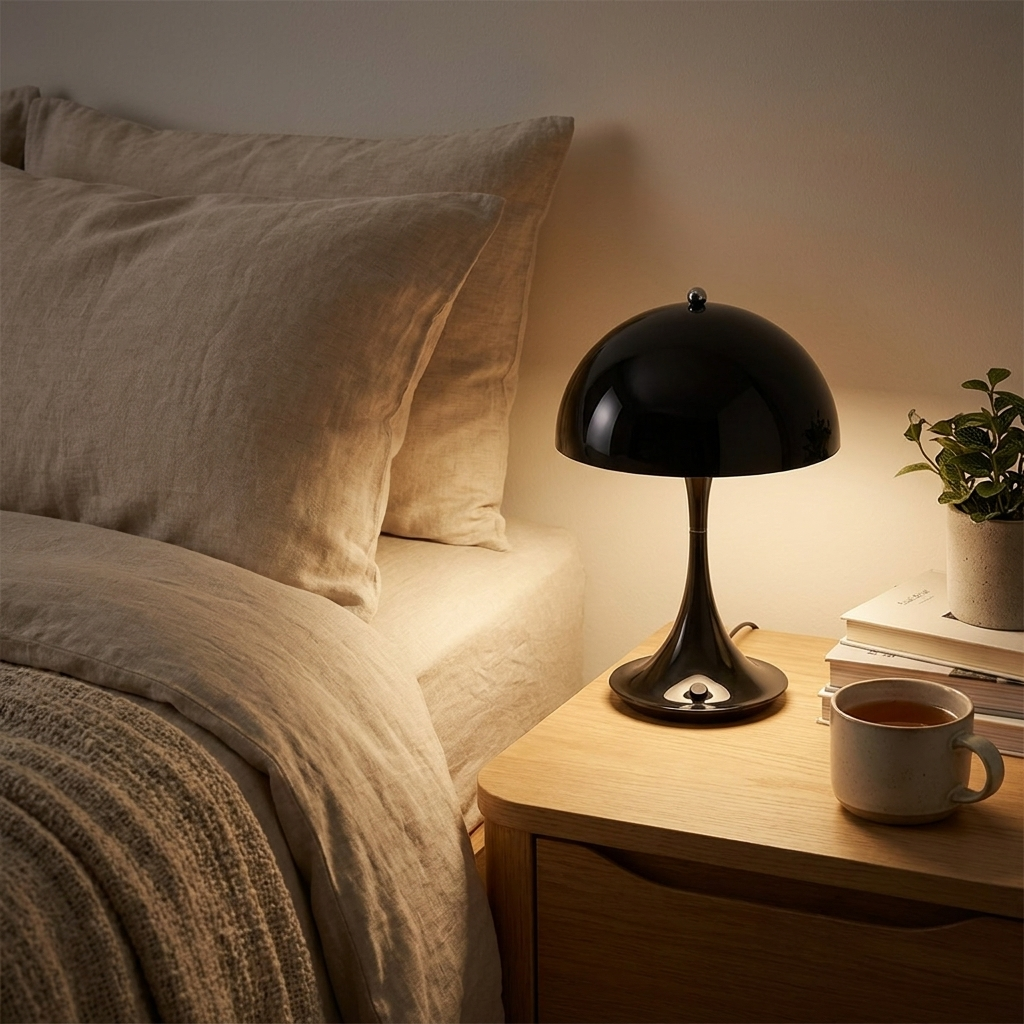 Lampe de chevet tactile sans fil MIDO noire allumée sur une table de chevet en bois, lumière blanc chaud