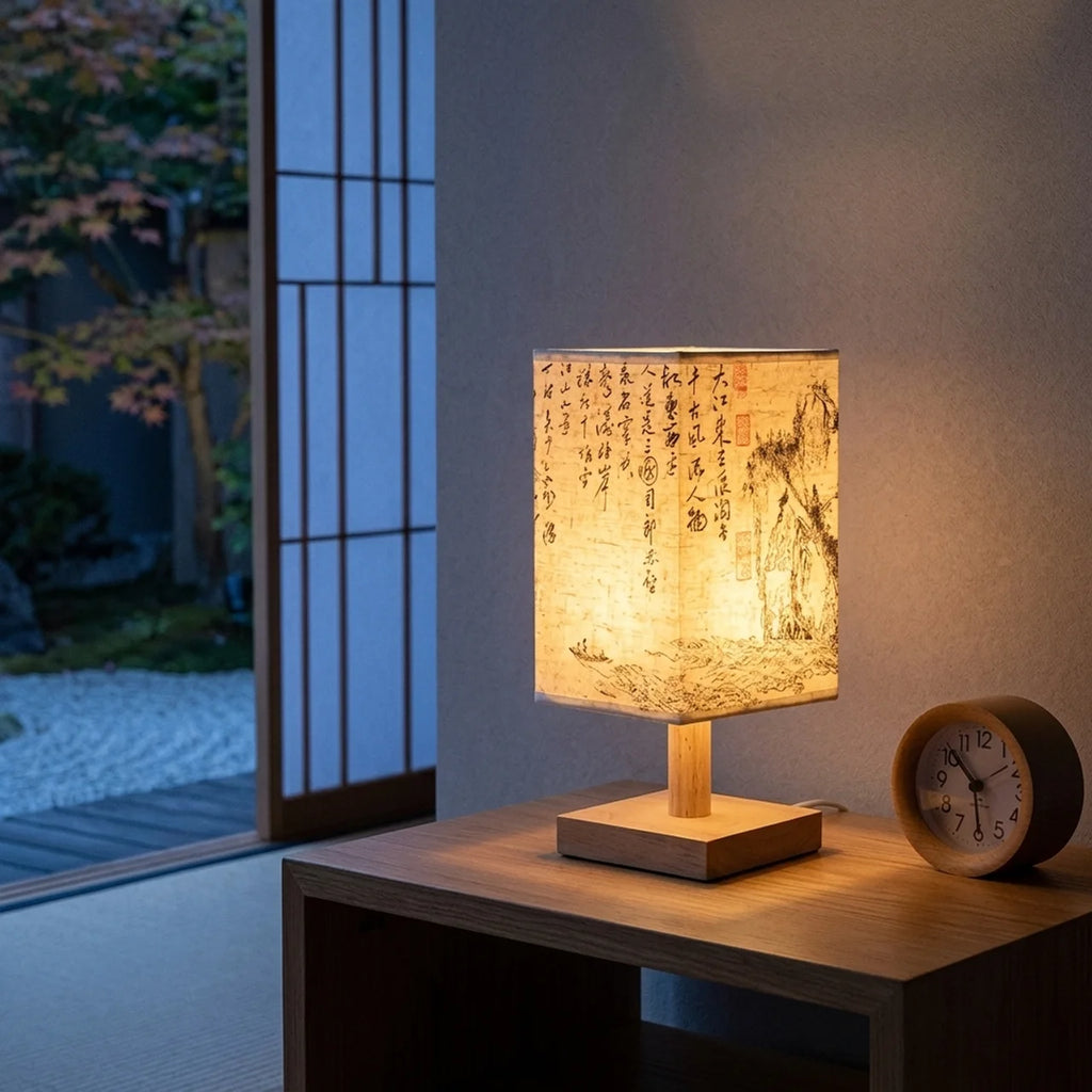Lampe de chevet japonais zen calligraphie papier bois naturel