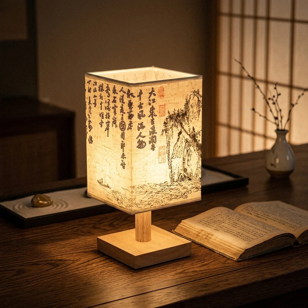 Lampe de chevet japonais zen calligraphie papier bois naturel