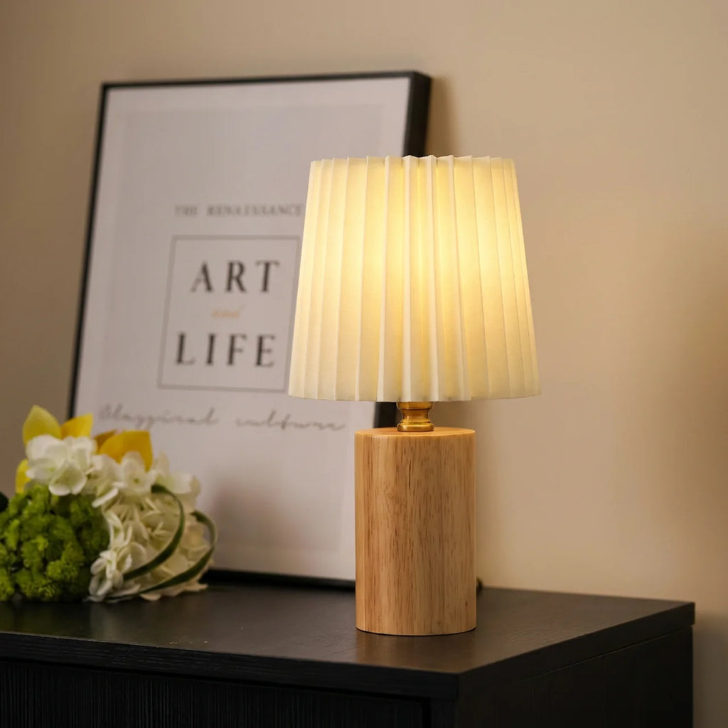 Lampe de Chevet Vintage – Abat-jour Plissé & Bois Clair