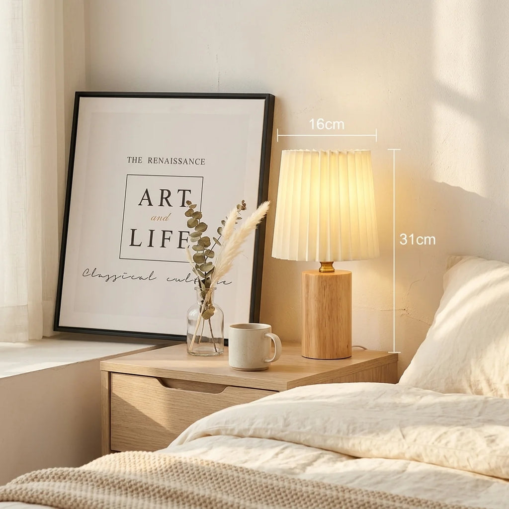 Lampe de Chevet Vintage – Abat-jour Plissé & Bois Clair
