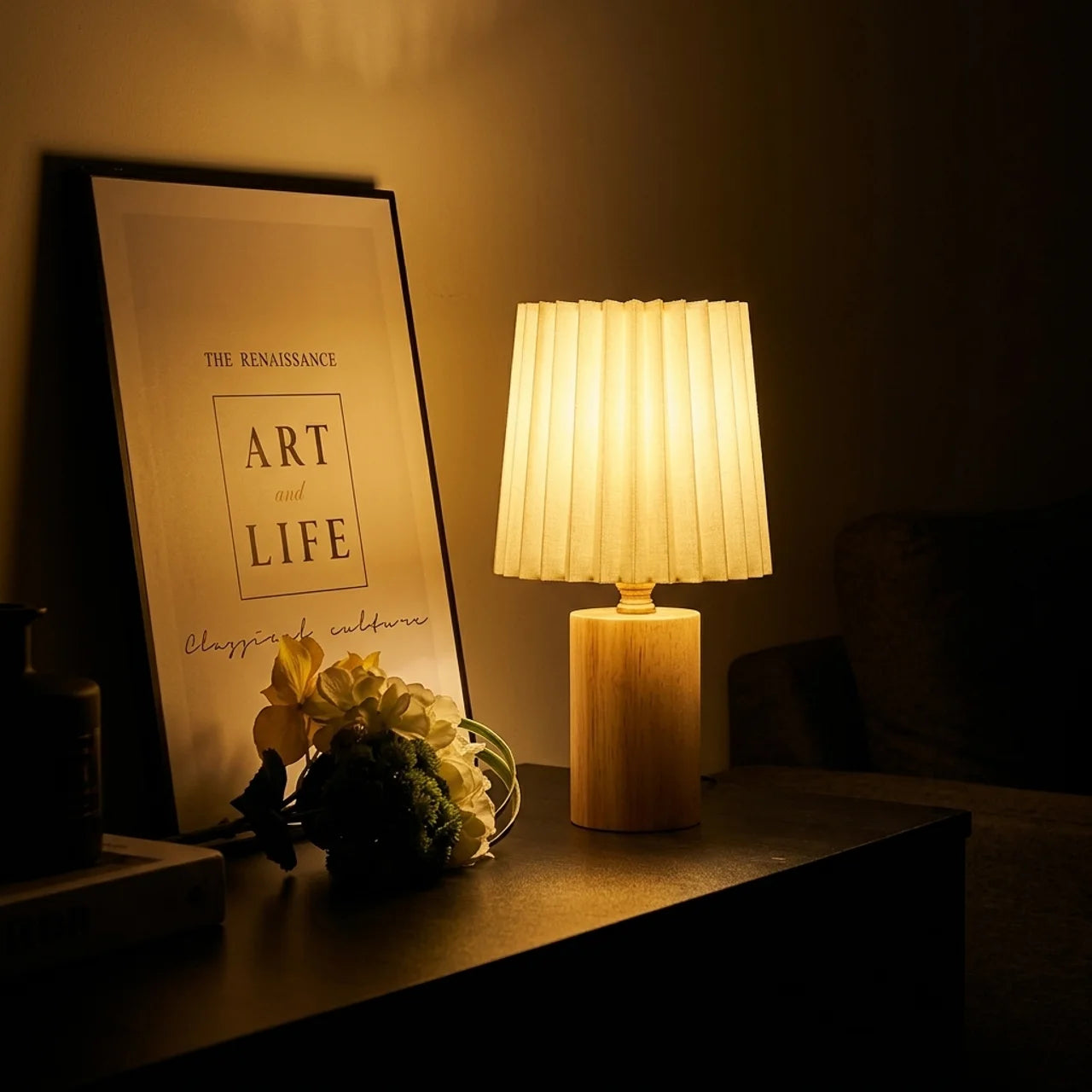 Lampe de Chevet Vintage – Abat-jour Plissé & Bois Clair