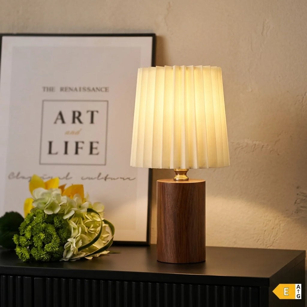 Lampe de Chevet Vintage – Abat-jour Plissé & Bois Massif