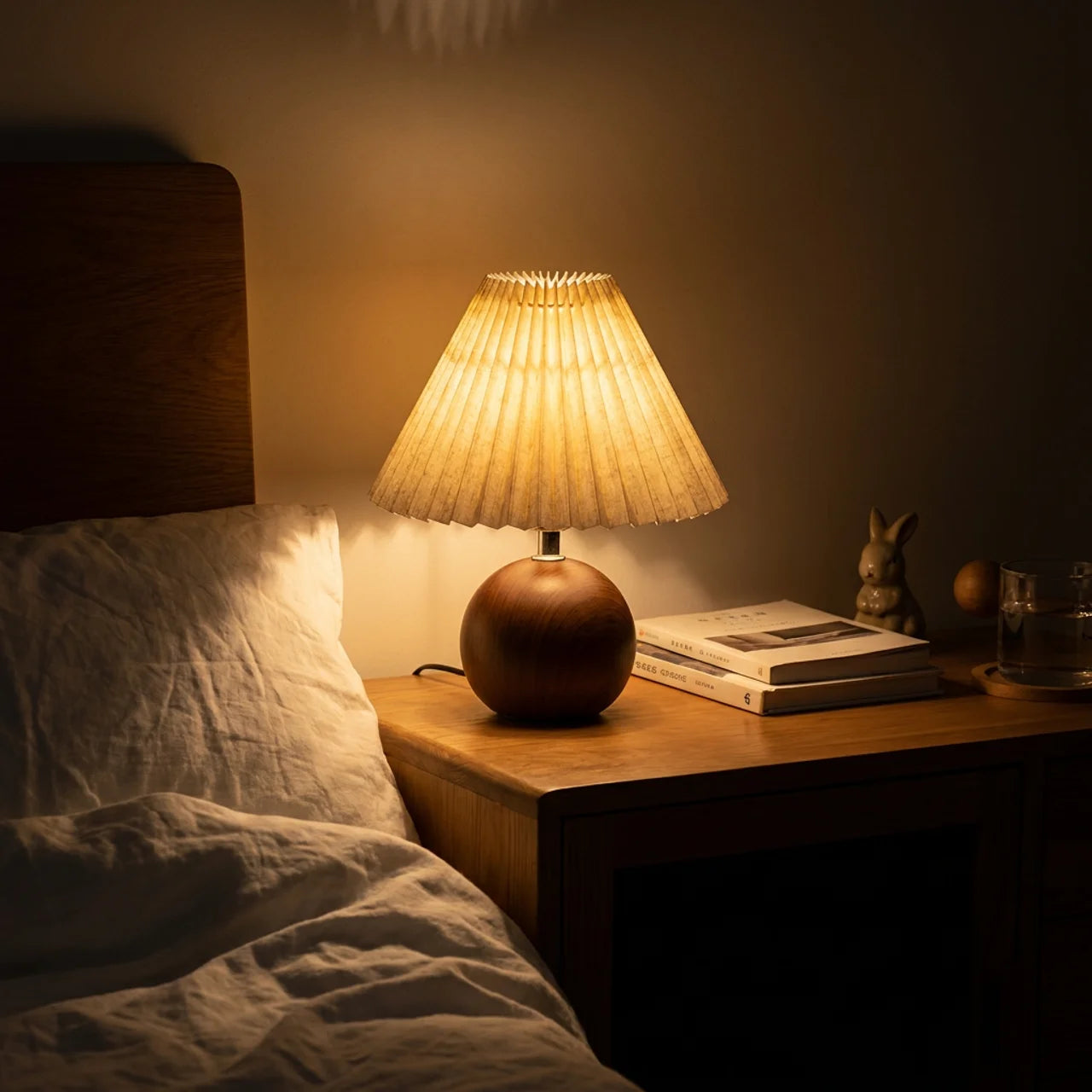 Lampe de Chevet Rétro – Abat-jour Plissé & Socle Boule en Bois