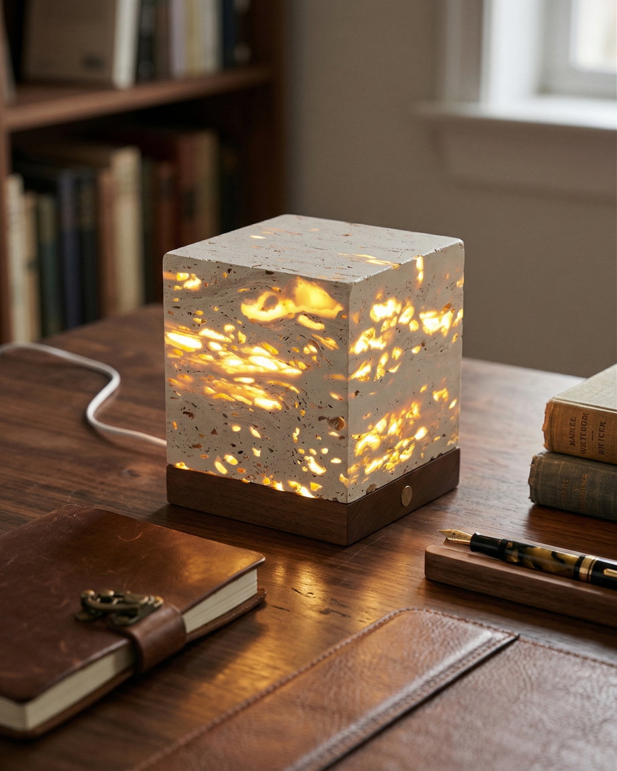 OMA — Lampe de Table en Travertin et Bois pour Salon et Bureau
