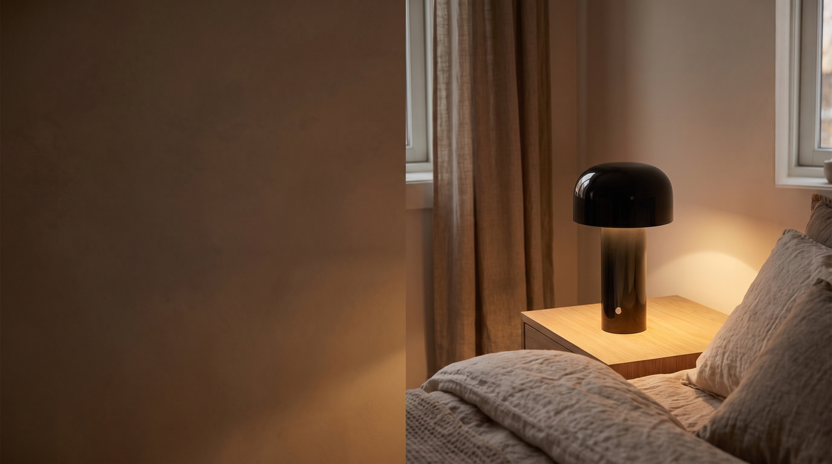 Chambre au crépuscule avec une lampe de chevet sans fil noire allumée sur une table de chevet en chêne